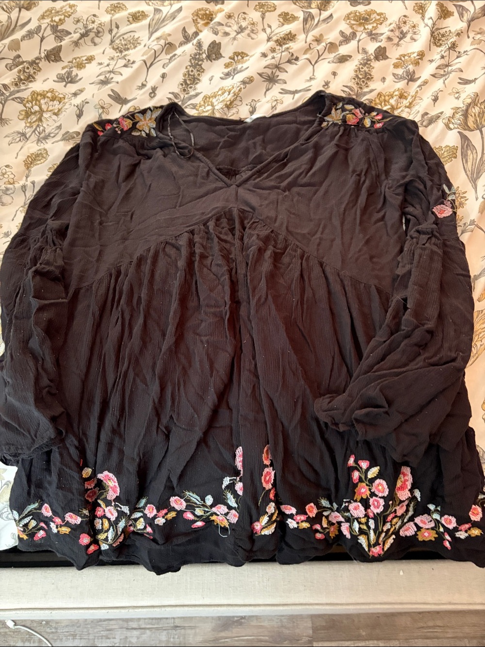 Free People Black Peasant Tunic with Pink & Green Floral Embroidery